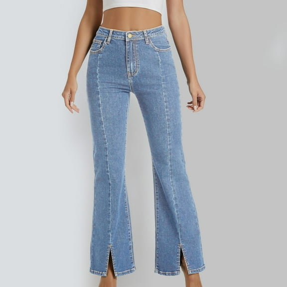 Hauaitttt Flare Jeans for Women Bottom Jeans High Waisted Stretchy Wide Leg Bootcut Jeans Split Hem Jeans Crop Pants for Women Casual Women Elastic Waist Pants Casual Womens Pant Suits Casual plus