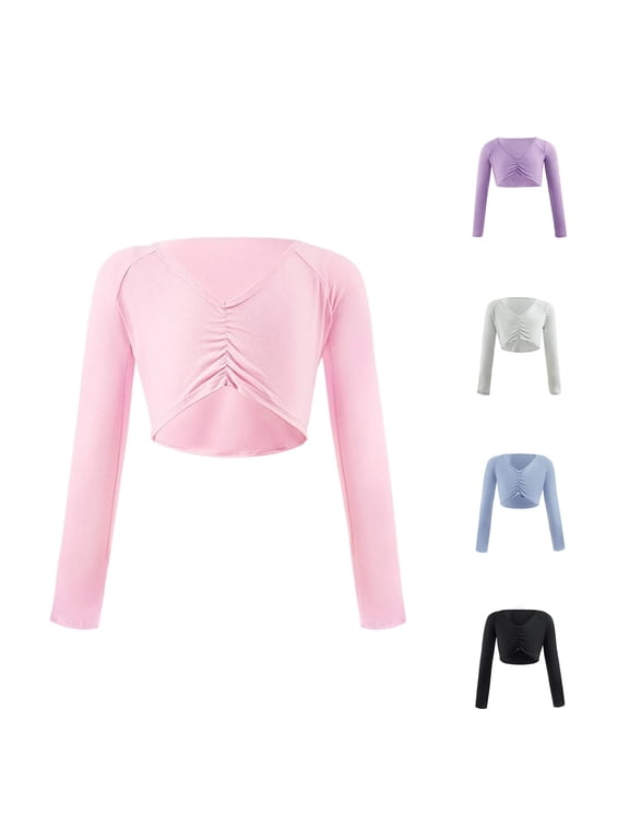 Girls Dance Top Long Sleeve Ballet Wrap Cardigan Shoulder Ruffle Tunic for Training Performance Tops for Teenagers Girls