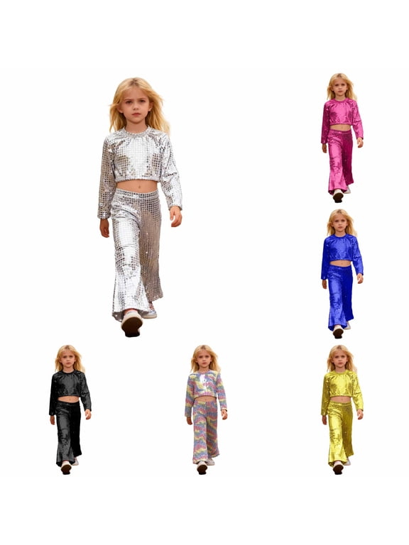 Girls Glitter Sequin Party Performance Outfit Two Piece with Round Sequins and Flared Pants for and Stage Shows Crop Top Hoodie Pants Set