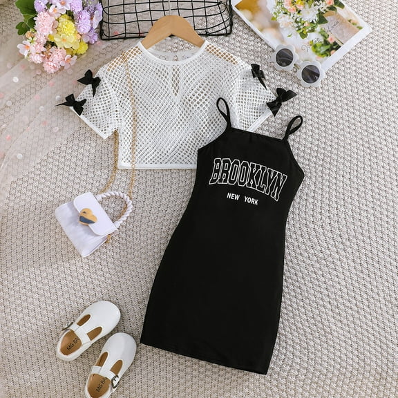 Hauaitttt Girls' Letter Printed Long Dress Solid Color Short Sleeve with Two Piece Set Preemie Baby Clothes Bundles 23 Set Toddler Girl Skirt Outfit Cute Baby Clothe Baby Swing Girls Outfit Set 5t