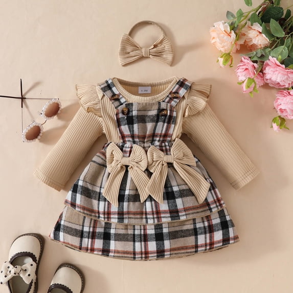 Hauaitttt Girls Short Sleeve Ribbed Romper Bodysuit Bowknot Plaid Suspender Skirts Outfits Clothes for Girls