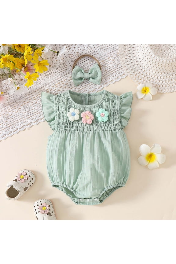 Girls' Smocked 3D Floral Applique Bodysuit & Fly Sleeve Shorts 2 Piece Set 9 Month Bodysuit Girl Solid Color Toddler Leotard Baby Girl Bodysuit Set Preemie Girl Clothes 5 Pounds 3 6 Months