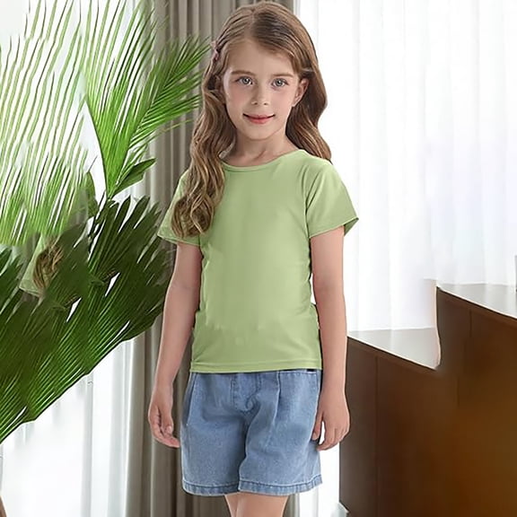 Hauaitttt Girls Summer Tops Short Sleeve Tee with Back Bow Design Casual Round Neck Shirt for Toddler Kids Age 1 8 Years Outdoor Play School Everyday Wear Soft Comfortable Breathable Spaghetti Strap