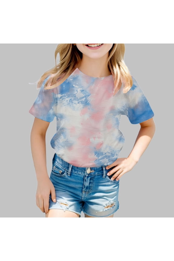 Girls' Tie Dye Print Short Sleeve T Shirt Summer Fashion Casual Round Neck Tee for Toddler & Kids Girls Ski Tops Toddler Girl Top Leotard Tops Teens Girls Toddler Girls Tops 4t Long Sleeve