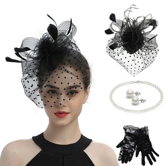 Hauaitttt Hats for Women Bow Top Hat for Tea Party Wedding Lace Gloves Earrings Necklace 4 Piece Set Hair Head Bands Adult Headbands for Women Mens Metal Headband Head Bands Sweat Dress up Headbands