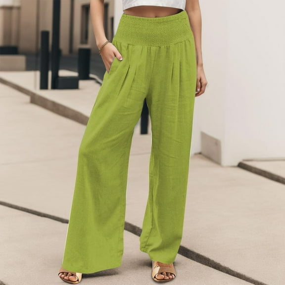 Hauaitttt High Waist Wide Leg Palazzo Pants for Women Smocked Elastic Waist Loose Comfy Casual Pajama Pants Pockets plus Size Dress Pants for Women Business Casual Womens Pants Casual Work Elastic