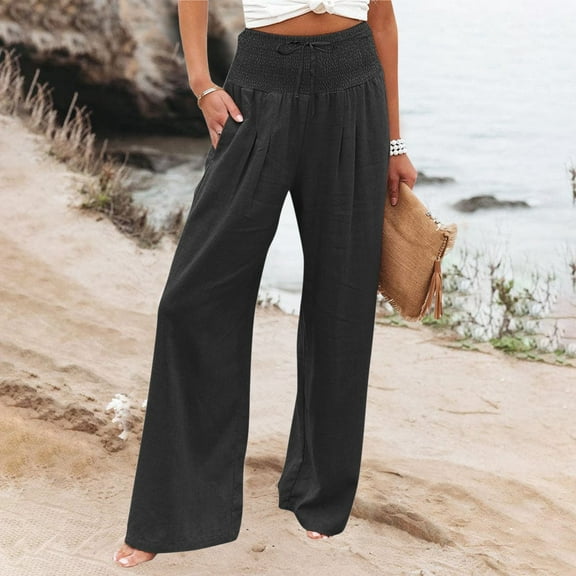 Hauaitttt High Waist Wide Leg Palazzo Pants for Women Smocked Elastic Waist Loose Comfy Casual Pants Pockets 80s Pants for Women Pants for Women Casual Summer plus Size plus Size Sweat Pants Summer