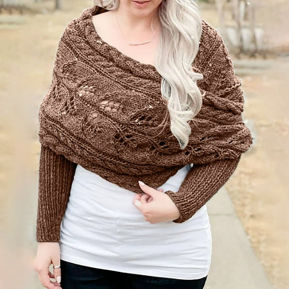 Hauaitttt Ladies Fashion Casual Autumn Winter Outdoor Solid Color Hollow Thickened Comfortable Double Sleeve Shawl Scarf Scarf with Sleeve Sweater Scarf Scarves Fall City Scarf Silk Satin Head Scarf