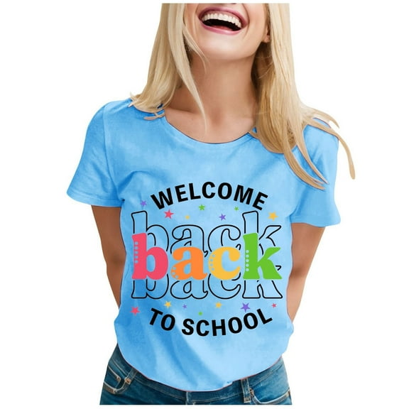 Hauaitttt Ladies' Fashionable Back To School Printed Short Sleeve Round Neck T Shirt Womens Medium Shirts Jr Fall Fashion Womens Athletic Tee Striped Womens Shirt Ladies Tee Tops Women Short Sleeve T