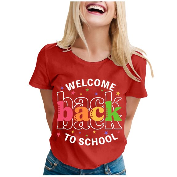 Hauaitttt Ladies' Fashionable Back To School Printed Short Sleeve Round Neck T Shirt Womens Medium Shirts Jr Fall Fashion Womens Athletic Tee Striped Womens Shirt Ladies Tee Tops Women Short Sleeve T
