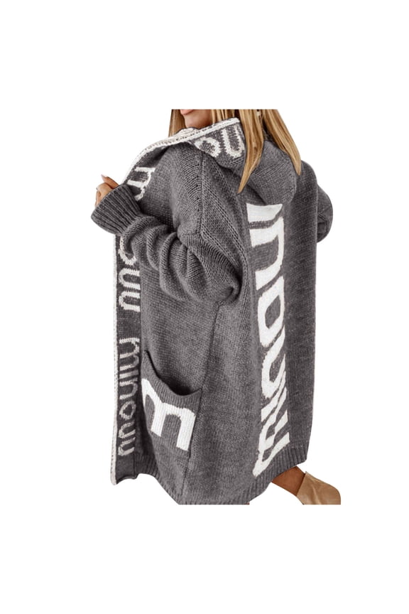 Ladies Letter Print Knit Cardigan Buttonless Hoodie Casual Loose Sweater Jacket Womens Cardigans Button Cardigans for Women Winter Maternity Clothes Long Sweater Coats for Women plus Size