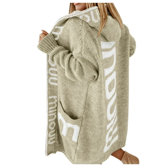 Hauaitttt Ladies Letter Print Knit Cardigan Buttonless Hoodie Casual Loose Sweater Jacket Womens Cardigans Button Cardigans for Women Winter Maternity Clothes Long Sweater Coats for Women plus Size
