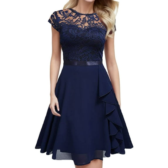 Hauaitttt Ladies Solid Color Crew Neck Lace Chiffon Short Sleeved Skirt Temperament Dress Casual Dress Dress Ladies Semi Formal Dresses Denim Dresses for Ladies Formal Dresses Juniors Lady's Party