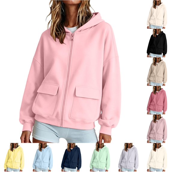 Hauaitttt Lady Zip up Hooded Sweatshirt with Loose and Casual Long Sleeves and Jacket Style Hoodie Female Small Sweatshirts Light Weight Zip up Hoodie Women Hooded Sweat Shirt for Women Snap Front