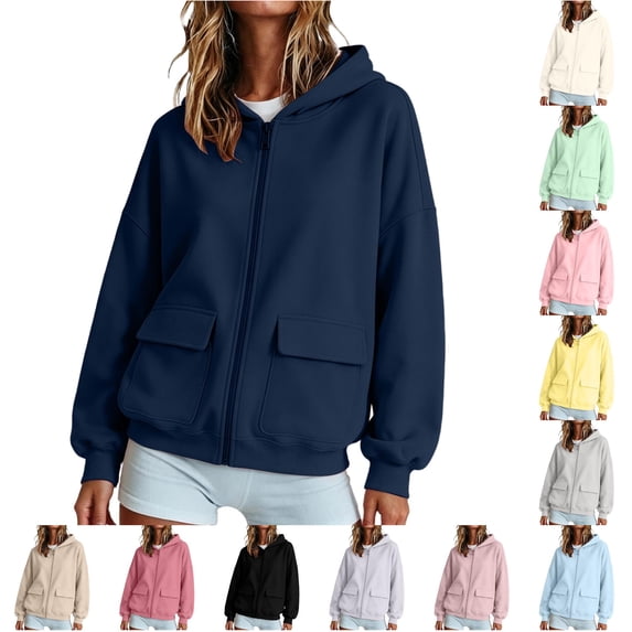 Hauaitttt Lady Zip up Hooded Sweatshirt with Loose and Casual Long Sleeves and Jacket Style Hoodie Female Small Sweatshirts Light Weight Zip up Hoodie Women Hooded Sweat Shirt for Women Snap Front