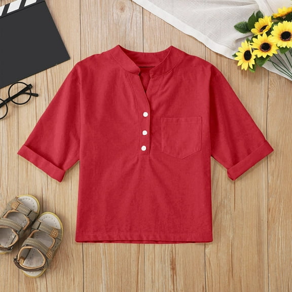 Hauaitttt Linen Shirts for Girl 3/4 Sleeve V Neck Blouses Buttons Loose Fit T Shirts Solid Color Summer Holiday Tops Cute Shirts for Girls Size 8 Girls Yoga Tops Crop Kids Girl Dress Lace T Fall Tops