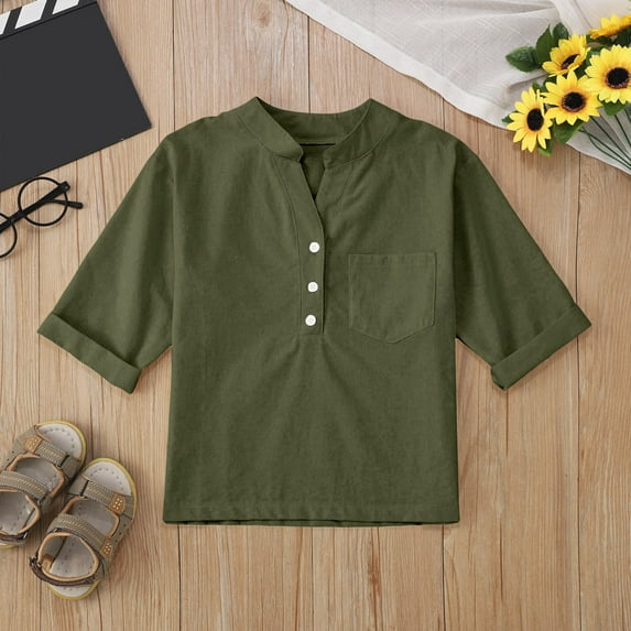 Hauaitttt Linen Shirts for Girl 3/4 Sleeve V Neck Blouses Buttons Loose Fit T Shirts Solid Color Summer Holiday Tops Cute Shirts for Girls Size 8 Girls Yoga Tops Crop Kids Girl Dress Lace T Fall Tops