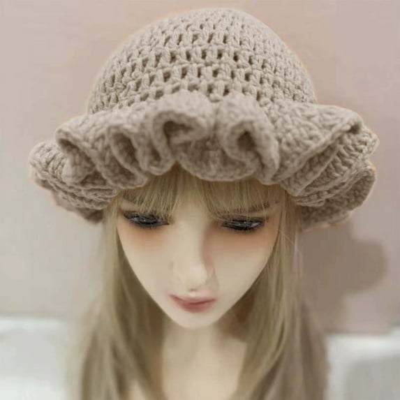 Hauaitttt New Fashionable Autumn and Winter Handmade Crocheted Solid Color Women's Outdoor Fisherman Hat Ruffled Windproof Carnival Hat Woman Summer Hats Camping Hat Men Made for More Hat Nice Visors