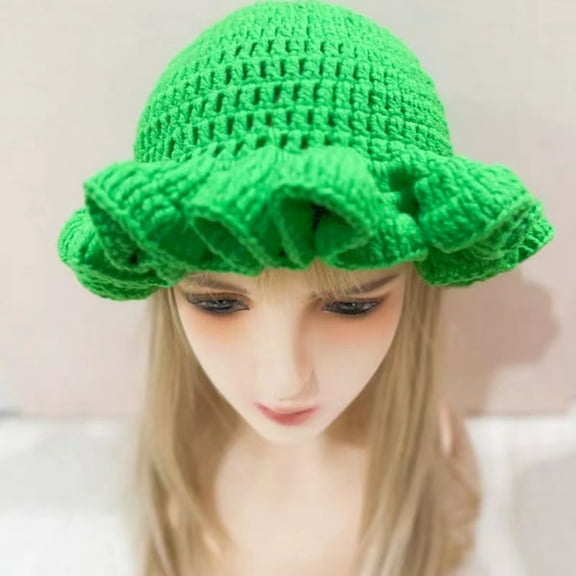 Hauaitttt New Fashionable Autumn and Winter Handmade Crocheted Solid Color Women's Outdoor Fisherman Hat Ruffled Windproof Carnival Hat Womens Hat with Ponytail Hole Craft International Hat Womens