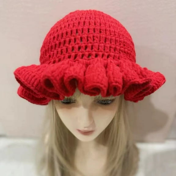 Hauaitttt New Fashionable Autumn and Winter Handmade Crocheted Solid Color Women's Outdoor Fisherman Hat Ruffled Windproof Carnival Hat Womens Hat with Ponytail Hole Craft International Hat Womens