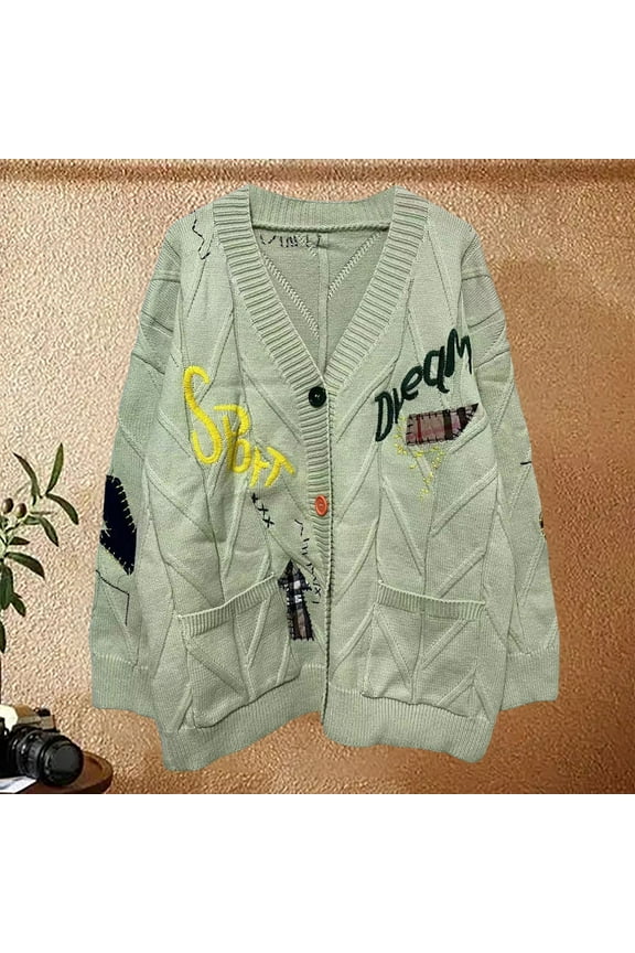 New Letter Design Relaxed Sweater Coat Leopard Long Sleeve Winter Long Jackets for Girls Sweater Pack Women Long Womens Coat Womens Kick Pleat Coat Checke Coat Plaid Cardigan Women plus