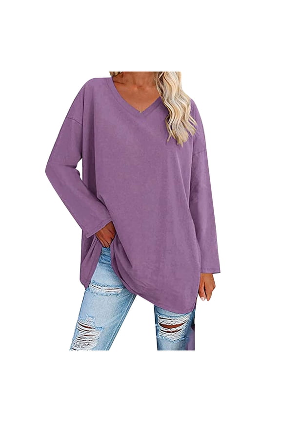 Oversized Women T Shirt 2025 New Multicolor Loose Shoulder Sleeve V Neck Solid Color Women Top Womens Tee Tops Women Solid Shirt Tops for Leggings Short Sleeve Tech Pack Long Sleeve