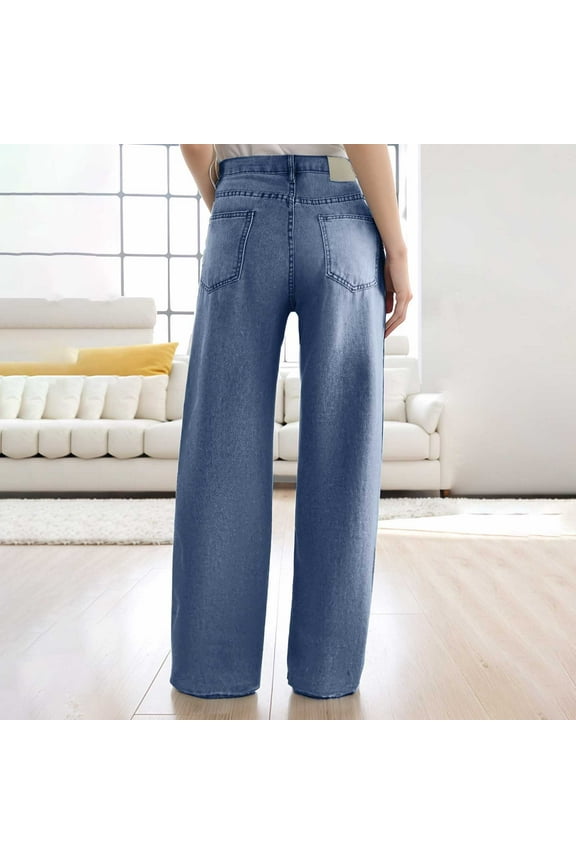 Retro Washed Mid Waist Loose Pleated Straight Leg Version Elastic Waist Versatile Jeans Women Casual Pants with Pockets Light Sweatpants Women Casual Pants for Women Drawstring Dress Pants