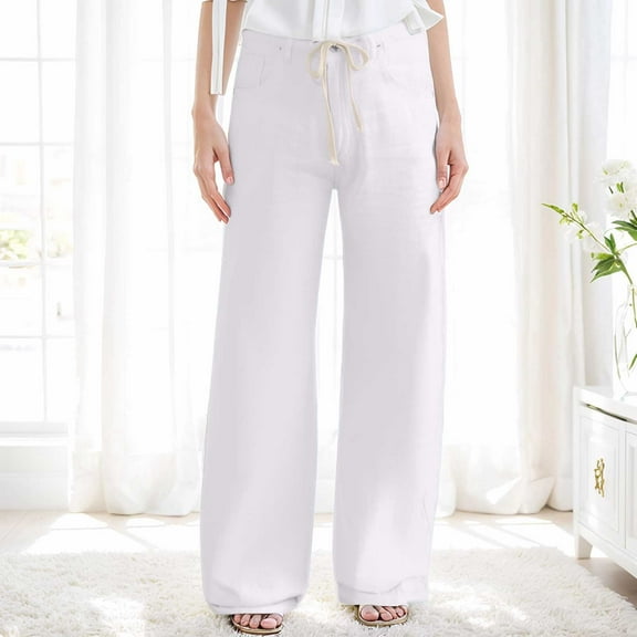 Hauaitttt Retro Washed Mid Waist Loose Pleated Straight Leg Version Elastic Waist Versatile Jeans Women's Pants Casual Tall Pants Women Casual High Waist Womens Casual Pants for Summer plus Size