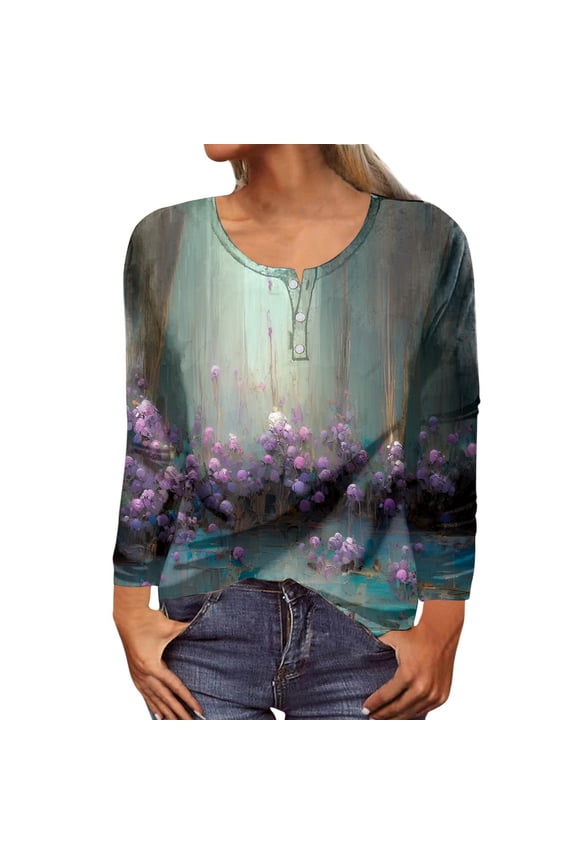 Round Neck Button Floral Print Long Sleeve T Shirt for Women Casual Stylish Top Shirts for Women Long Sleeve Fitted Tech Pack Long Sleeve Rayon Tops for Women Long Sleeved Women's Shirts