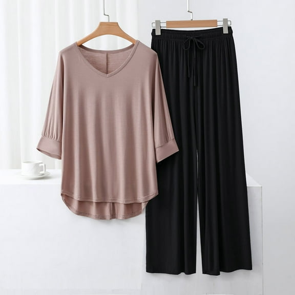 Hauaitttt Sets for Women 3/4 Length Sleeve V Neck Summer Tops Elastic Waist Wide Leg Pants Summer Outfits Knit Pajamas Pajamas for Juniors Pajamas for Womens Short Pajamas for Women Set Shorts Slick