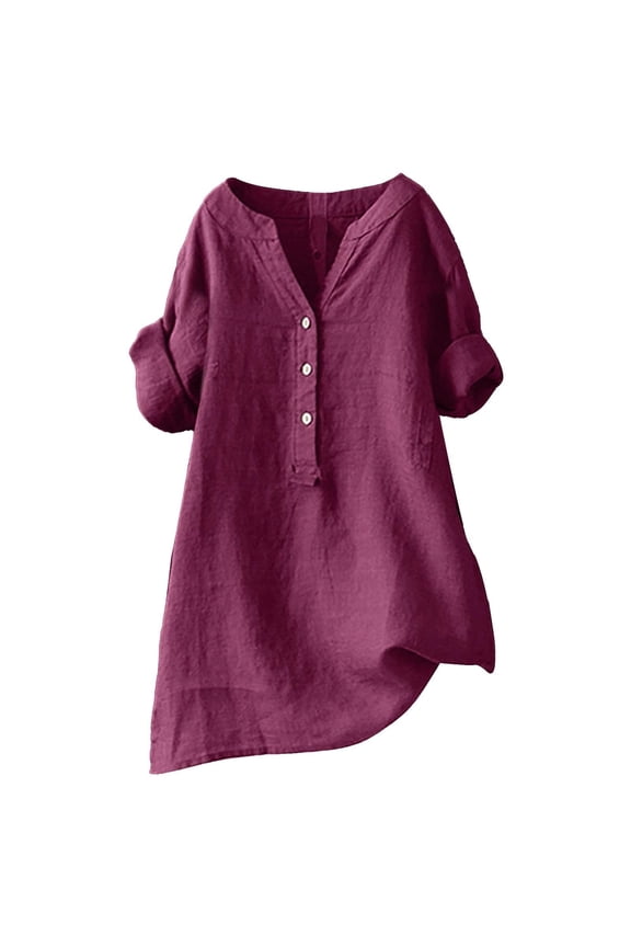 Shirts for Women Buttons V Neck Long Sleeve Tops Trendy Dressy Blouses Casual Loose Comfy Tunic Clothes Shirts for Women with Sleeves Dry Tech Shirts Women Women Shirt Summer Short Sleeve