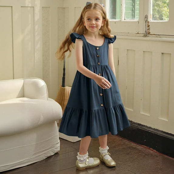 Hauaitttt Sleeveless Casual Little Girl Button Down Ruffled Dress(1 6Years) 5t Girl Dresses Winter Girls Long Sleeve Tunic Dress Girls Olive Dress Size 6 Girls Size 14 Dresses Winter Sunshine Swing