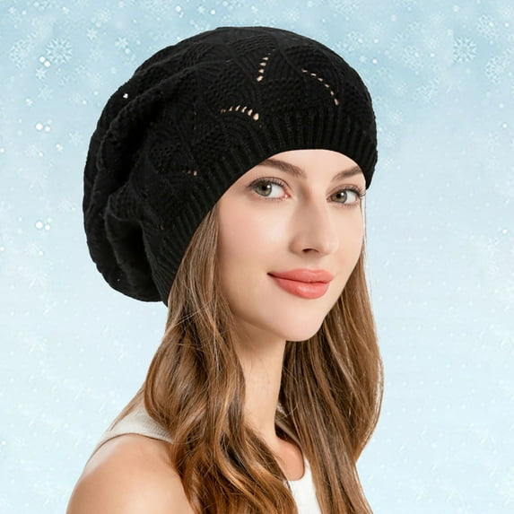 Hauaitttt Soft Knit Airy Cutout Lightweight Slouchy Crochet Beret Hat Female Artist Hat Womens Knit Hats Bulk Non Wool with Trim Adult Hat 1930s Hat for Women Large Painters Hat Extra Large Men Fuzzy