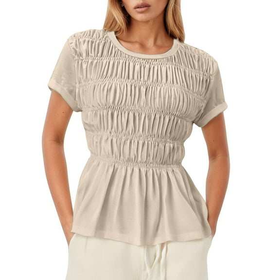 Hauaitttt Solid Color Minimalist Fashion Pleated Round Neck Top for Women Long Sleeve The Shirt Womens Compression Shirt Tee for Women Short Sleeve 100 Polyester Shirts Women Womens Long Sleeve Shirt