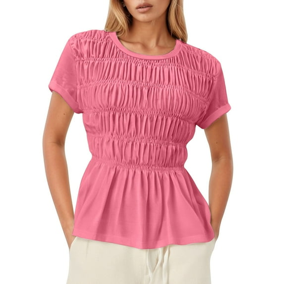 Hauaitttt Solid Color Minimalist Fashion Pleated Round Neck Top for Women Long Sleeve The Shirt Womens Compression Shirt Tee for Women Short Sleeve 100 Polyester Shirts Women Womens Long Sleeve Shirt