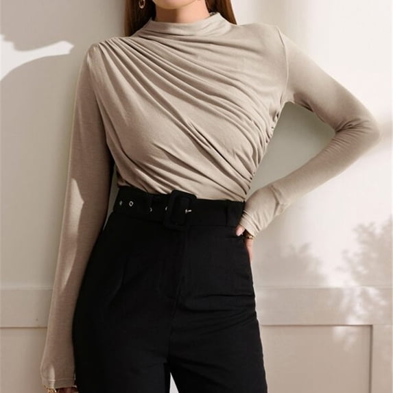 Hauaitttt Stand Collar Ruched Long Sleeve Tee and Shirt Loose Fit Top Women Lightweight Workout Shirts Women Long Sleeve Woman Shirts Summer Tee Shirts for Women Apparel T Shirt Woman's Summer Tops