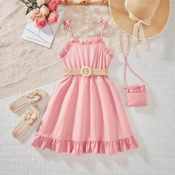 Hauaitttt Summer Children's Girls' Bow Tie Strapless Ruffled Straps Dress Set (including Bag and Belt) Girls Christmas Dresses Size 6-7 Cute Sweatshirt Dresses for Teen Girls Girls Clothes Summer