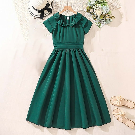 Hauaitttt Summer Girls' Large Size Flowy Collar Retro Solid Color Patchwork Sleeve Corsetted Waist Dress with Pleated Skirt (for Girls) 2year Girl Dress Toddler Outfits for Girls Neon Dress Girls