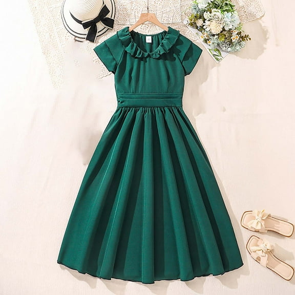 Hauaitttt Summer Girls' Large Size Flowy Collar Retro Solid Color Patchwork Sleeve Corsetted Waist Dress with Pleated Skirt (for Girls) 2year Girl Dress Toddler Outfits for Girls Neon Dress Girls