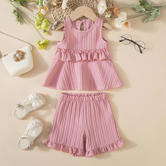 Hauaitttt Summer Girls Outfits Toddler Casual Sleeveless Ruffled Shorts Set for 9 Months 6 Years Old Comfortable Playwear Everyday Wear Baby Girl Items First Outfit Winter Teen New Baby Girl Outfit