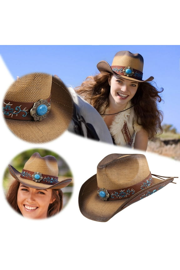 Summer Straw Cowboy Hat for Men Women Vintage Rolled Brim Sun Wide Brimmed Beach Outdoor Casual Western Style Hat Beach Cowboy Hat Cow Print Things Flat Wicker Hat Merchandise for Men