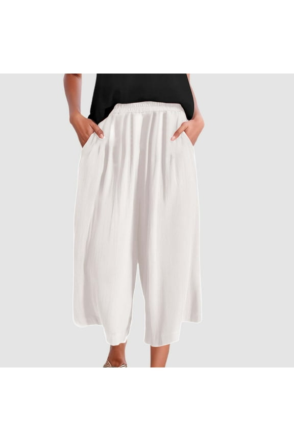 Summer Women's Casual Linen Wide Leg Pants Solid Color Elastic Waist Point Trousers Lady Basketball Jumpsuit Casual Pants for Women for Work Petite Womens Work Pants Business Casual Track