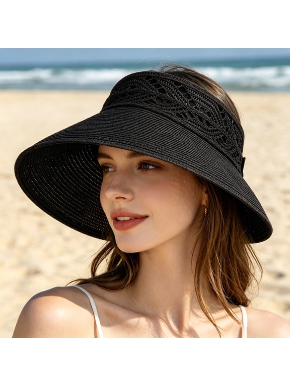 Summer Woven Hollow Beach Sun Hat Wide Brim Wrap Around Design for Outdoor Travel Hat Wide Leopard Roll up Bow Visor Pool Hat Men Womens Fedora Porky Hat Hat with Ponytail Hole for Women