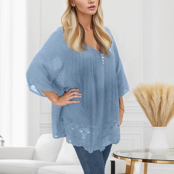 Hauaitttt T Shirt Quarter Plus Three Blouse Size Vintage Women V Neck Top Lace Ruffled Women's Blouse Long Fitted Shirts for Women Medium Sleeve Women's Long Sleeve Shirts Women Long Sleeved T Shirts