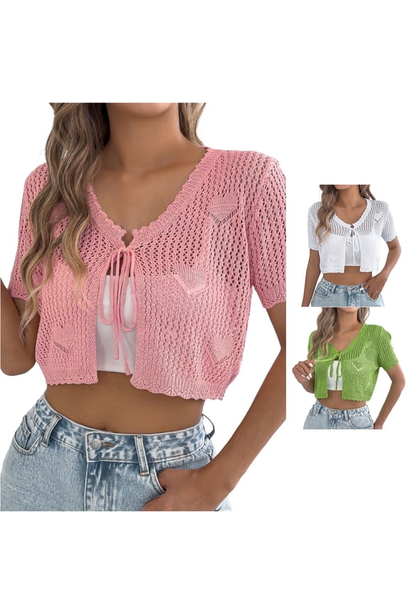 Tie Front Cardigan for Short Sleeve Open Knit Sweater Crop Shirts Resort Beach Womens Fall Outfits Womens Striped Sweater Leopard Print Sweaters for Women Cardigans for Women Fall Womens