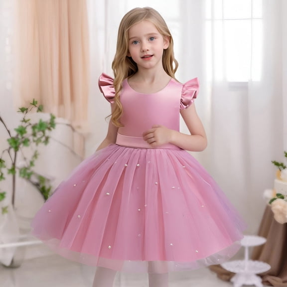 Hauaitttt Toddler Girls Fly Sleeve Dresses Pearl Decoration Solid Bowknot Dress Girls Long Prom Dress 4t Floral Dress Dress Big Girls Girls Size 6 Dress Leotards Dress for Toddler Girls Toddler 2t