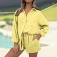 thumbnail image 1 of Hauaitttt Two Piece Outfits for Women Shirt Sets Long Sleeve Button Down Oversized Shirts and Shorts Summer Fall Two Piece Tracksuit Mp Tech Suit Womens Bathing Suit Bottom Fishnet Dress for Women, 1 of 7