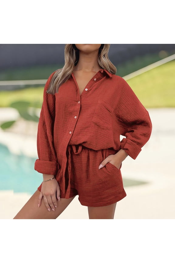 Two Piece Outfits for Women Shirt Sets Long Sleeve Button Down Oversized Shirts and Shorts Summer Fall Two Piece Tracksuit plus Size Bikini Cover plus Size Swimsuit Dress Long Bathing Suits