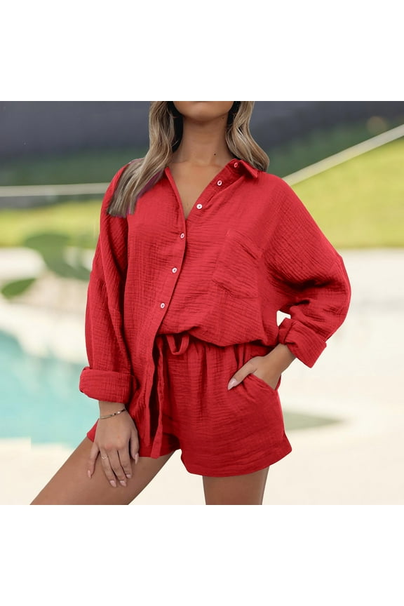 Two Piece Outfits for Women Shirt Sets Long Sleeve Button Down Oversized Shirts and Shorts Summer Fall Two Piece Tracksuit plus Size Bikini Cover plus Size Swimsuit Dress Long Bathing Suits