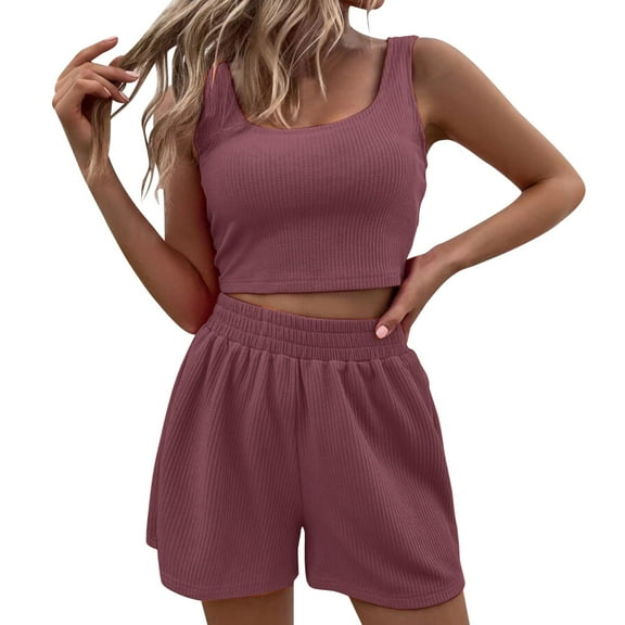 Hauaitttt Two Piece Outfits Women Summer Shorts Sets 2 Piece Sleeveless Matching Crop Top and High Waisted Shorts Swim Shorts Bathing Suit for Women plus Swimming Suit Cover up plus Size Dress Cover